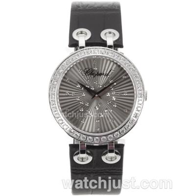 Chopard Xtravaganza Diamond Bezel with Gray Dial-Black Leather Strap