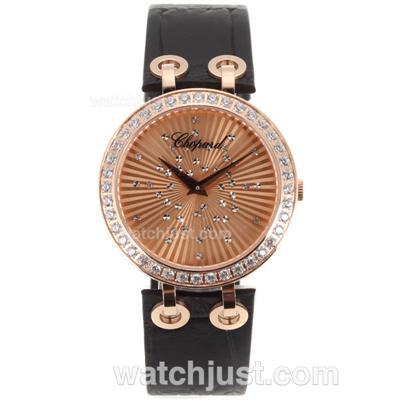 Chopard Xtravaganza Rose Gold Case Diamond Bezel with Gold Dial-Black Leather Strap