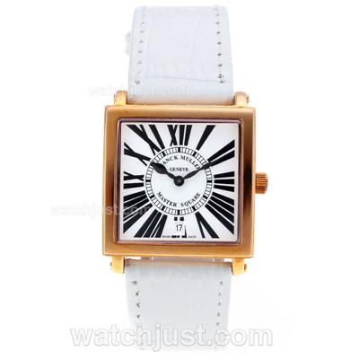 Franck Muller Master Square Rose Gold Black Roman Markers with White Dial-Mid Size