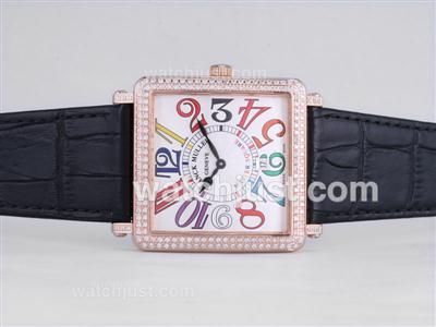 Franck Muller Master Square Rose Gold Case Diamond Bezel with White Dial-Colorful Number Marking-42MM