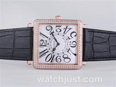 Franck Muller Master Square Rose Gold Case Diamond Bezel with White Dial-Number Marking-42MM