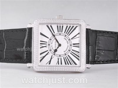 Franck Muller Master Square Swiss ETA Movement Diamond Bezel with White Dial and Black Strap