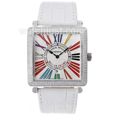Franck Muller Master Square Swiss ETA Movement Diamond Bezel with White Dial and Strap