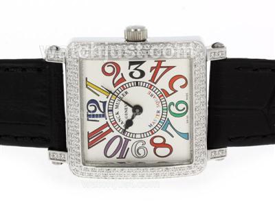 Franck Muller Master Square Swiss ETA Movement Diamond Bezel with White Dial-Leather Strap