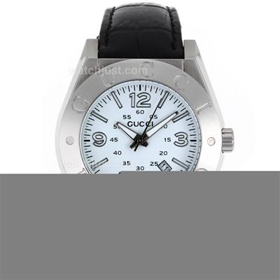 Gucci G Timeless Collection Stick/Number Markers with White Dial-Leather Strap