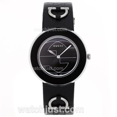 Gucci I-Gucci Collection Black Bezel with Black Dial-Black Leather Strap