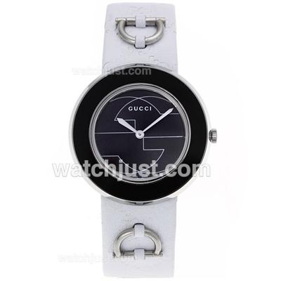Gucci I-Gucci Collection Black Bezel with Black Dial-White Leather Strap