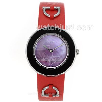 Gucci I-Gucci Collection Black Bezel with Purple MOP Dial-Red Leather Strap