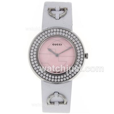 Gucci I-Gucci Collection Diamond Bezel with Pink Dial-White Leather Strap