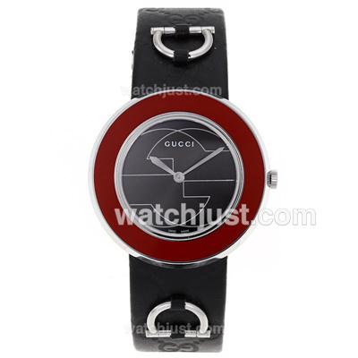 Gucci I-Gucci Collection Red Bezel with Black Dial-Black Leather Strap