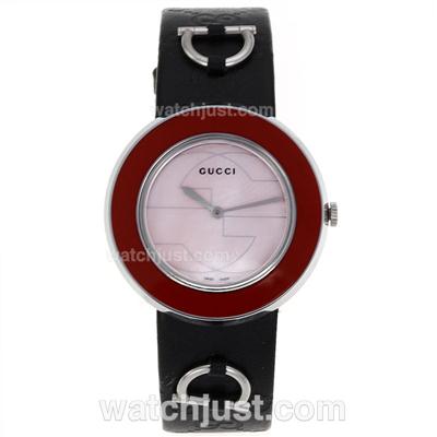 Gucci I-Gucci Collection Red Bezel with Pink Dial-Black Leather Strap