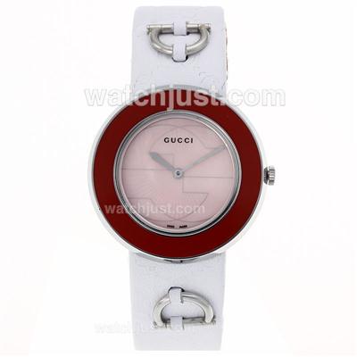Gucci I-Gucci Collection Red Bezel with Pink Dial-White Leather Strap