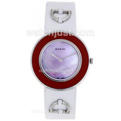 Gucci I-Gucci Collection Red Bezel with Purple MOP Dial-White Leather Strap