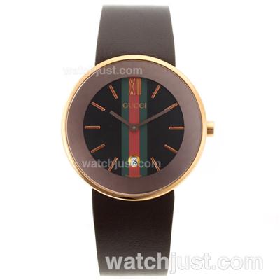 Gucci I-Gucci Collection Rose Gold Case with Black Dial-Brown Leather Strap