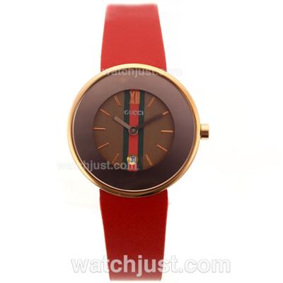 Gucci I-Gucci Collection Rose Gold Case with Brown Dial-Red Leather Strap