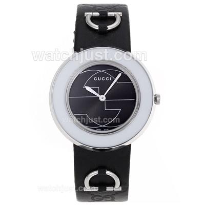 Gucci I-Gucci Collection White Bezel with Black Dial-Black Leather Strap