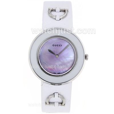 Gucci I-Gucci Collection White Bezel with Purple MOP Dial-White Leather Strap