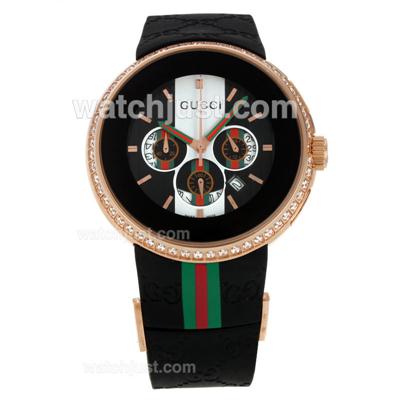 Gucci I-Gucci Collection Working Chronograph Rose Gold Case Diamond Bezel with Black Dial-Rubber Strap
