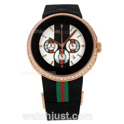 Gucci I-Gucci Collection Working Chronograph Rose Gold Case Diamond Bezel with White Dial-Rubber Strap