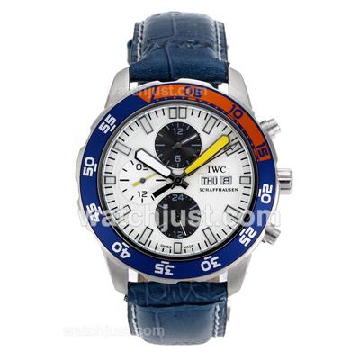 IWC Aquatimer Automatic Blue/Orange Bezel with White Dial-Leather Strap