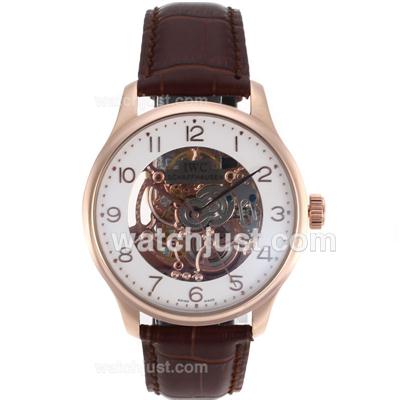 IWC Automatic Rose Gold Case Number Markers with Skeleton Dial-Leather Strap