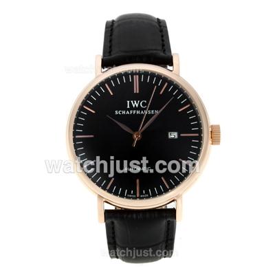 IWC Classic Automatic Stick Markers Rose Gold Case with Black Dial-Leather Strap
