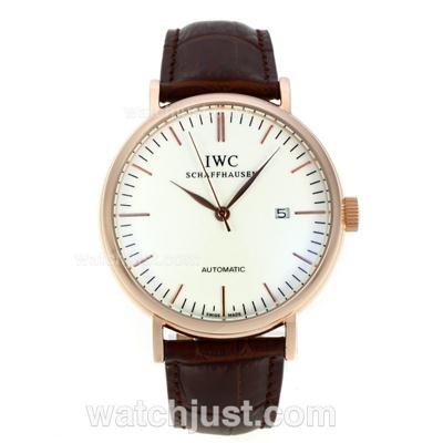 IWC Classic Automatic Stick Markers Rose Gold Case with White Dial-Leather Strap