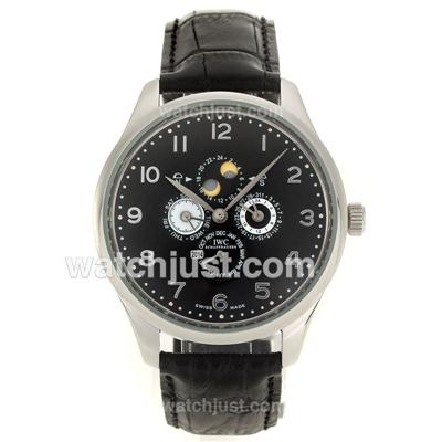 IWC Grade Complication Automatic Number Markers with Black Dial-Black Leather Strap