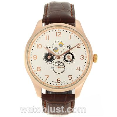 IWC Grade Complication Automatic Rose Gold Case Number Markers with White Dial-Brown Leather Strap