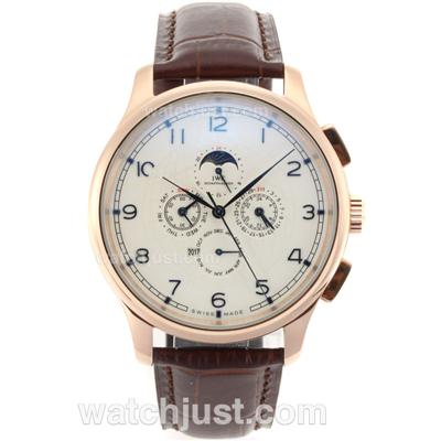 IWC Perpetual Calendar Automatic Rose Gold Case with White Dial-Leather Strap