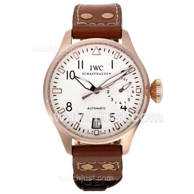 IWC Big Pilot Automatic Rose Gold Case with White Dial-Leather Strap