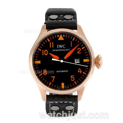IWC Pilot Automatic Rose Gold Case Orange Markers with Black Dial-Leather Strap
