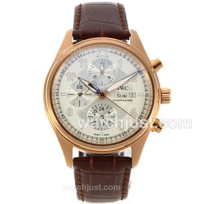 IWC Pilot Automatic Rose Gold Case with White Dial-Brown Leather Strap