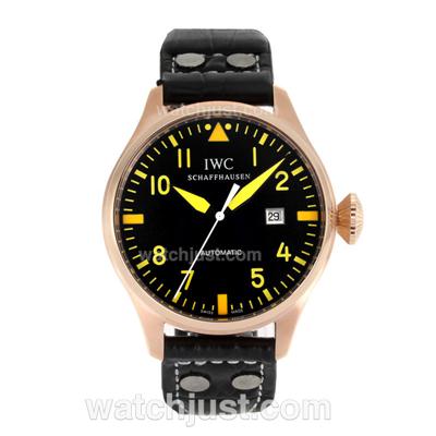 IWC Pilot Automatic Rose Gold Case Yellow Markers with Black Dial-Leather Strap