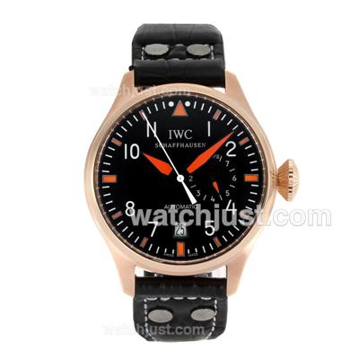 IWC Pilot Working Power Reserve Automatic Rose Gold Case Orange Markers with Black Dial-Leather Strap