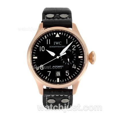 IWC Pilot Working Power Reserve Automatic Rose Gold Case White Markers with Black Dial-Leather Strap