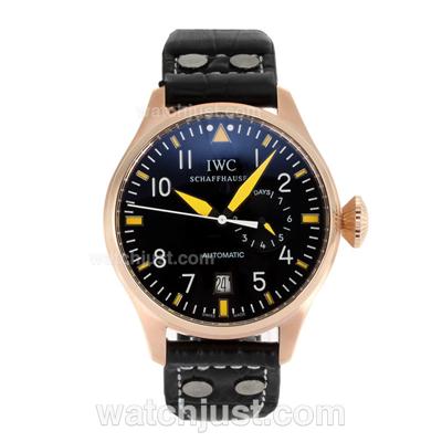 IWC Pilot Working Power Reserve Automatic Rose Gold Case Yellow Markers with Black Dial-Leather Strap