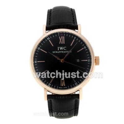 IWC Portofino Automatic Rose Gold Case with Black Dial-Leather Strap