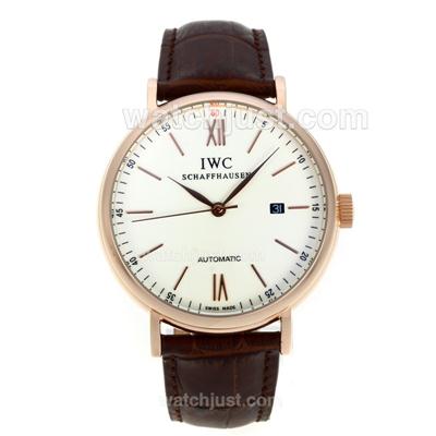 IWC Portofino Automatic Rose Gold Case with White Dial-Leather Strap