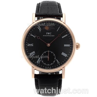 IWC Portofino Moonphase Manual Winding Rose Gold Case with Black Dial-Leather Strap