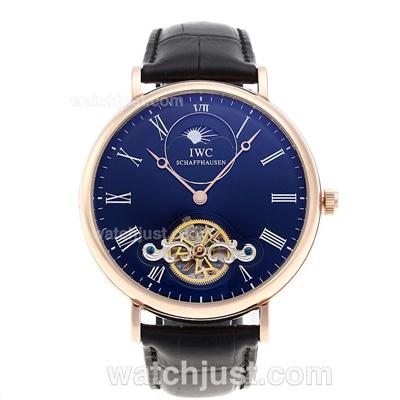 IWC Portofino Tourbillon Manual Winding Rose Gold Case with Black Dial-Leather Strap