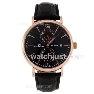 IWC Portofino Two Time Zone Automatic Rose Gold Case with Black Dial-Leather Strap