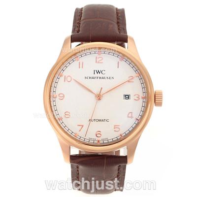 IWC Portuguese Automatic Number Markers Rose Gold Case with White Dial-Leather Strap
