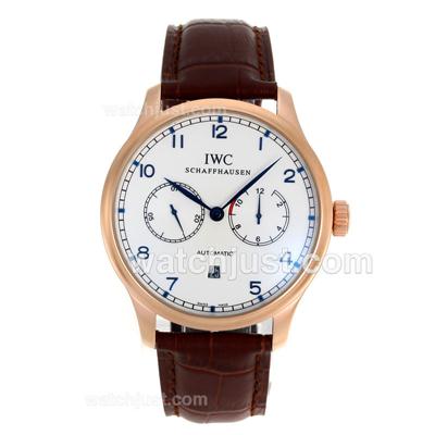 IWC Portuguese Automatic Rose Gold Case Blue Markers with White Dial-Leather Strap