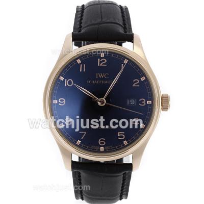 IWC Portuguese Automatic Rose Gold Case Number Markers with Black Dial-Leather Strap