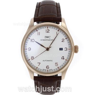 IWC Portuguese Automatic Rose Gold Case Number Markers with White Dial-Leather Strap