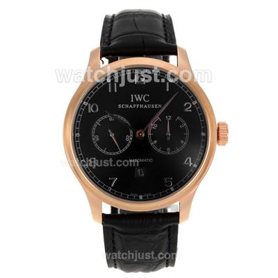 IWC Portuguese Automatic Rose Gold Case with Black Dial-Leather Strap