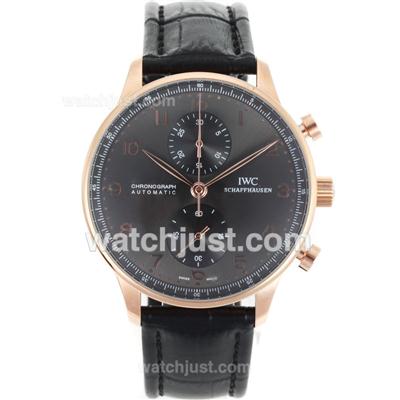 IWC Portuguese Chronograph Swiss Valjoux 7750 Movement Rose Gold Case with Black Dial-Leather Strap