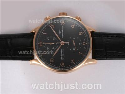 IWC Portuguese Chronograph Swiss Valjoux 7750 Movement Rose Gold Case with Black Dial