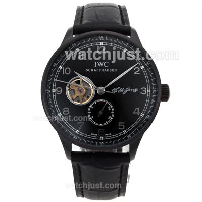 IWC Portuguese F.A Jones Tourbillon Automatic PVD Case with Black Dial-Leather Strap